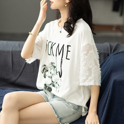 絶対欲しい レース エレガント 切り替え プリント 半袖Tシャツ＜F-8587＞