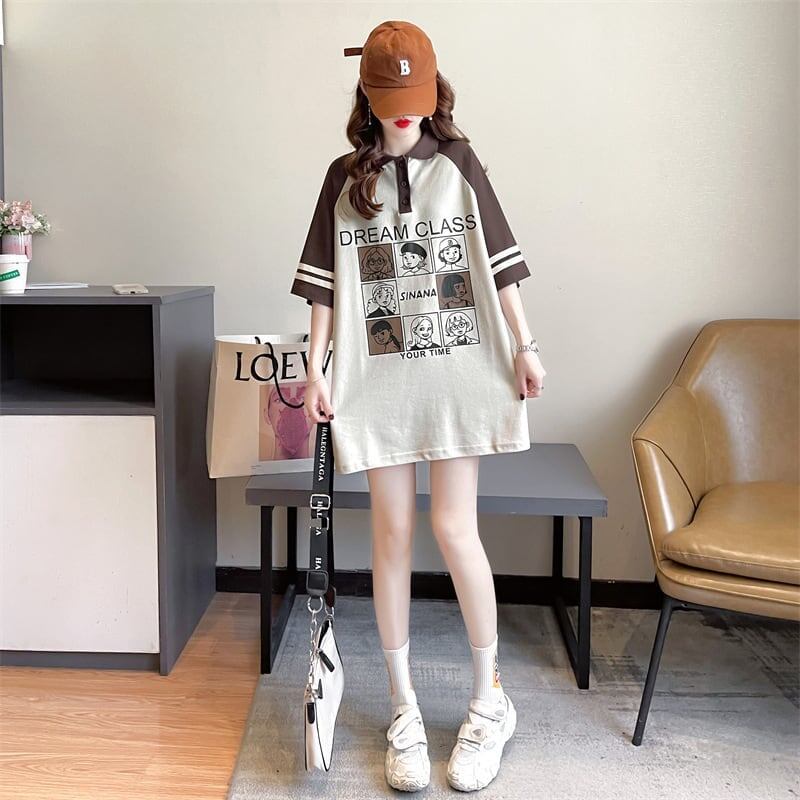 早い者勝ち   POLOネック ロング ラグランTシャツ ゆったりワンピース＜F-4027＞