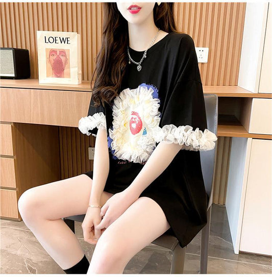 デザインセンスレースステッチTシャツ半袖新しいスタイル<F-2932>