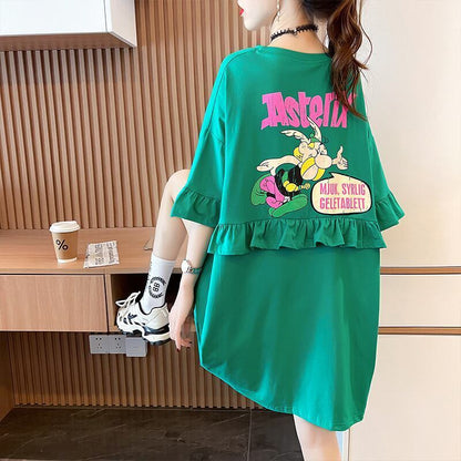 【半額！期間限定！！】合わせやすい 切り替え フリル プリント Tシャツ ゆったりワンピース＜F-3008＞