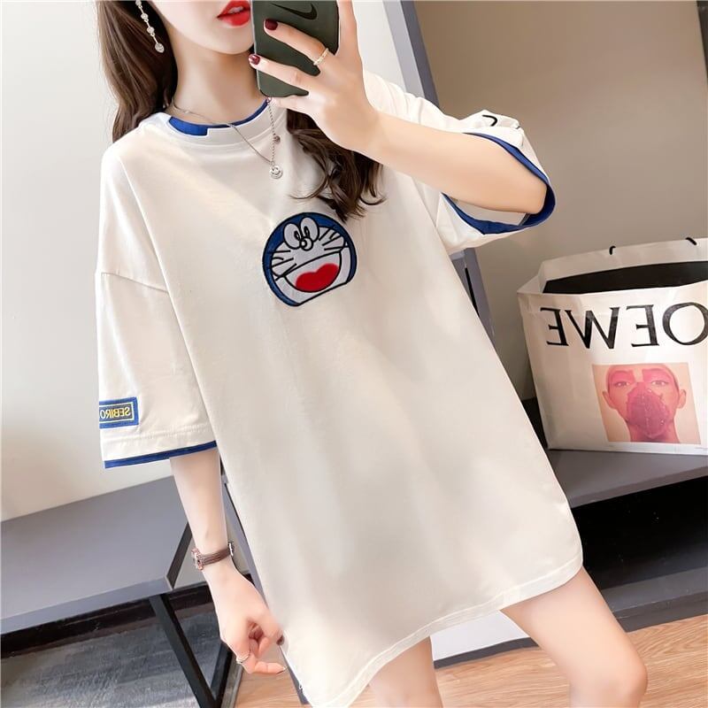 韓国系 ドロップショルダー 刺? レイヤードTシャツ ゆったり半袖 ＜F-3053＞