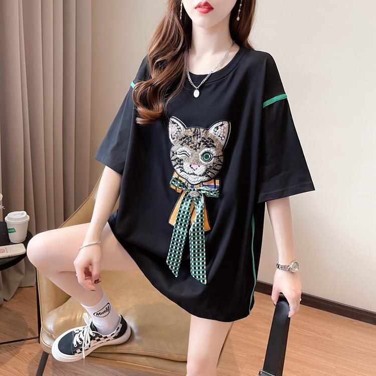 質感のいい 猫刺繍 立体のリボン ロング Tシャツ ゆったり半袖 ＜F-2919＞