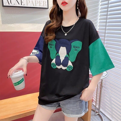 気質漫画カラーマッチング偽ツーピース半袖Tシャツ<F-2997>