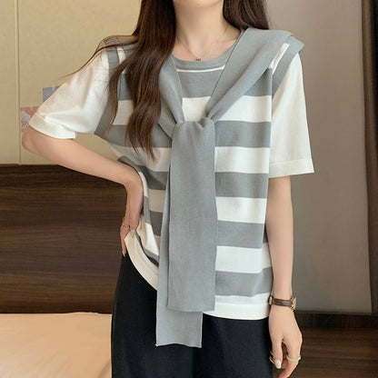 絶対欲しい レイヤード風 エレガント ストライプ柄 全3色半袖 Tシャツ＜F-8799＞