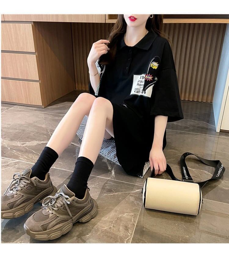 POLOネック 切り替え ストライプ柄 ロング Tシャツ ゆったりワンピース ＜F-3031＞