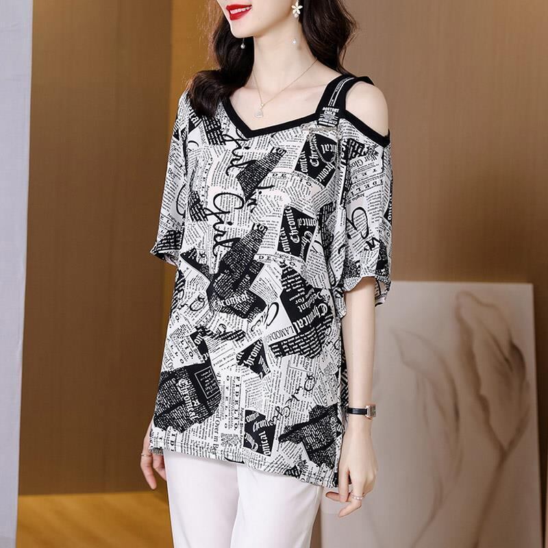 【半額！期間限定！！】絶対流行 特別デザイン 個性派 シフォン プリント 半袖Tシャツ＜F-8610＞