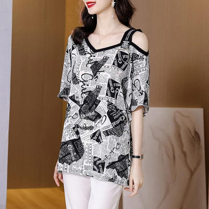 【半額！期間限定！！】絶対流行 特別デザイン 個性派 シフォン プリント 半袖Tシャツ＜F-8610＞