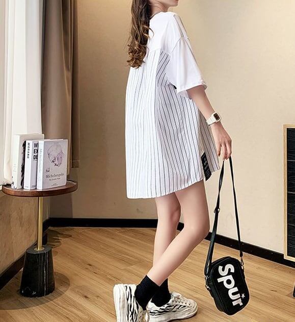 超人気 切り替え ストライプ柄 ラウンドネック プリント全2色 半袖Tシャツ<F-8741>