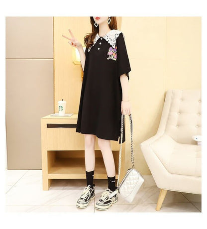 デザインセンスのあるミドル丈のトレンドプリントドールカラー半袖Tシャツワンピース<F-3018>