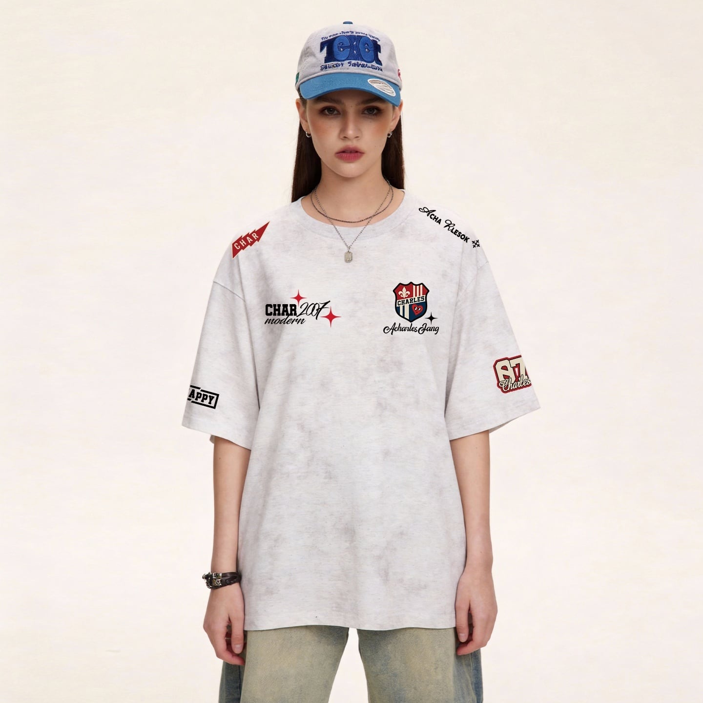 定番シンプル  今季マストバイ 全4色 ロゴプリント ダメージ加工Tシャツ  男女兼用F-13044