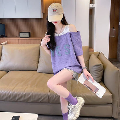 新商品 ゆったり カジュアル プリント オープンショルダー 2色 半袖Tシャツ＜F-8282＞