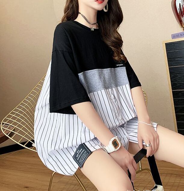 超人気 切り替え ストライプ柄 ラウンドネック プリント全2色 半袖Tシャツ<F-8741>