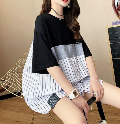 超人気 切り替え ストライプ柄 ラウンドネック プリント全2色 半袖Tシャツ<F-8741>