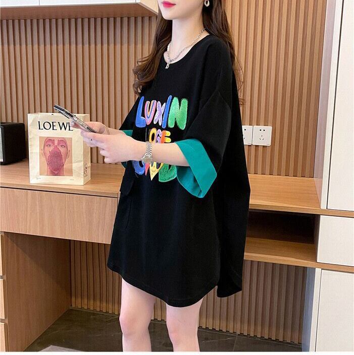 絶対欲しい プリント ラウンドネック 切り替え 全2色 半袖Tシャツ ＜F-8672＞
