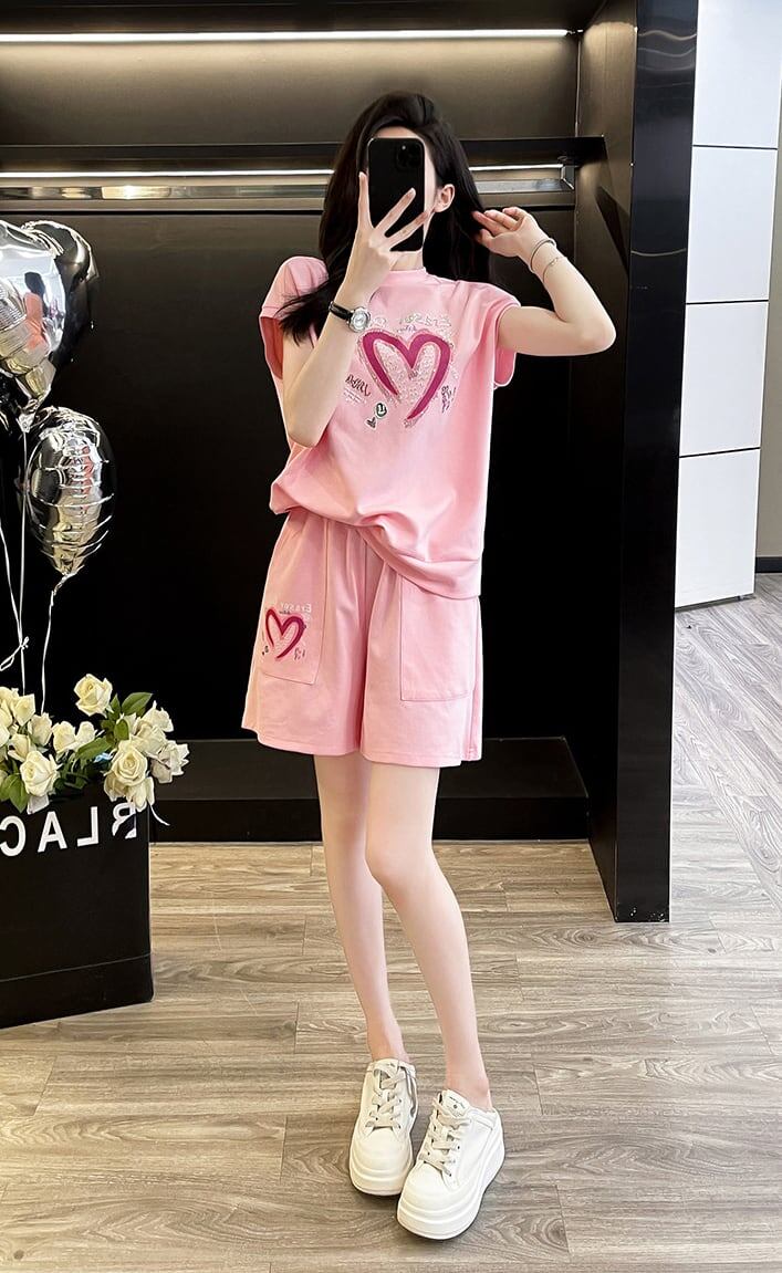 超人気 ホットダイヤモンド カジュアル プリント 半袖Tシャツ ショートパンツ セットアップ ＜F-9215＞