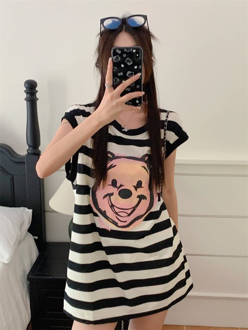 おしゃれ度アップ   ストライプ柄 Tシャツ ゆったり ワンピース＜F-2977＞