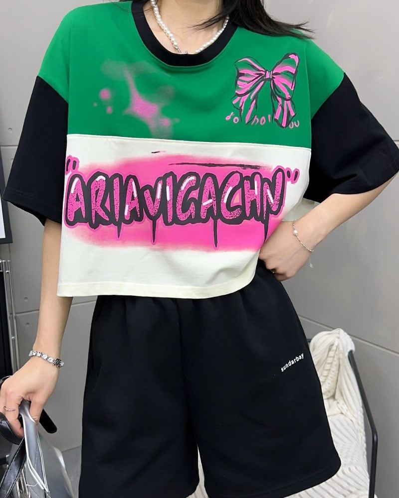 着回し力抜群 切り替え三色 韓国系 ゆったり半袖Tシャツ ＜F-8455＞