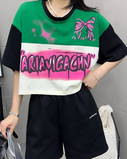 着回し力抜群 切り替え三色 韓国系 ゆったり半袖Tシャツ ＜F-8455＞