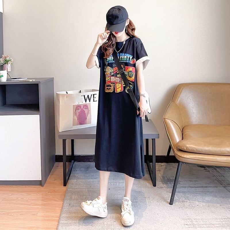 スタイリッシュ プリント 一目惚れ Tシャツ カットソー ワンピース＜F-3575＞