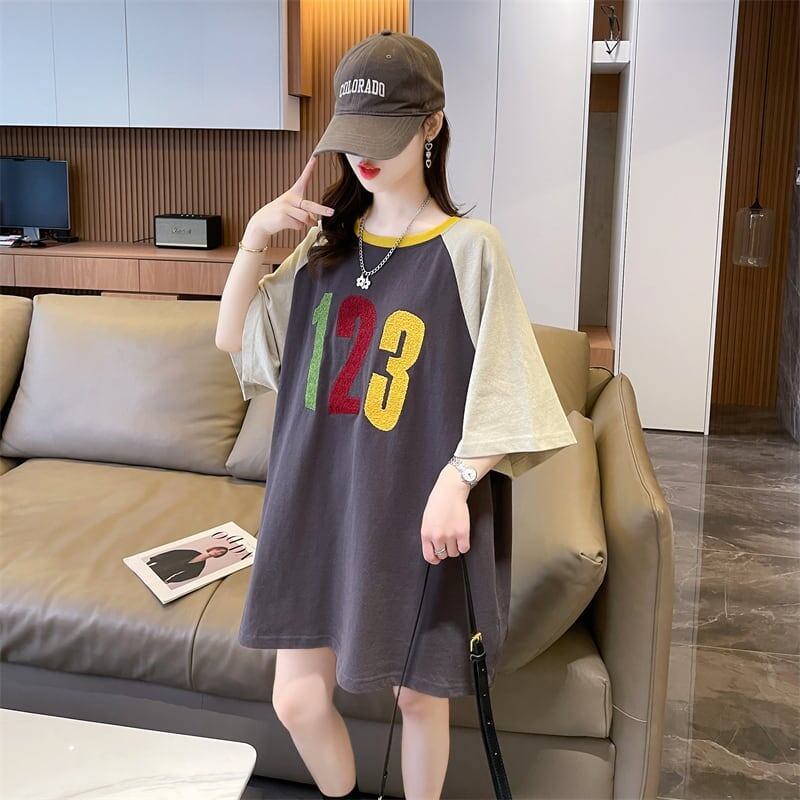 絶対欲しい カラーマッチング 数字刺? ロング Tシャツ ゆったり 半袖 ＜F-2896＞