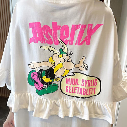 【半額！期間限定！！】合わせやすい 切り替え フリル プリント Tシャツ ゆったりワンピース＜F-3008＞