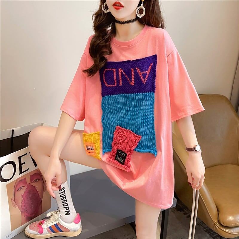 【半額！期間限定！！】ゆったりロング丈切り替え三色半袖Tシャツ＜F-1565＞