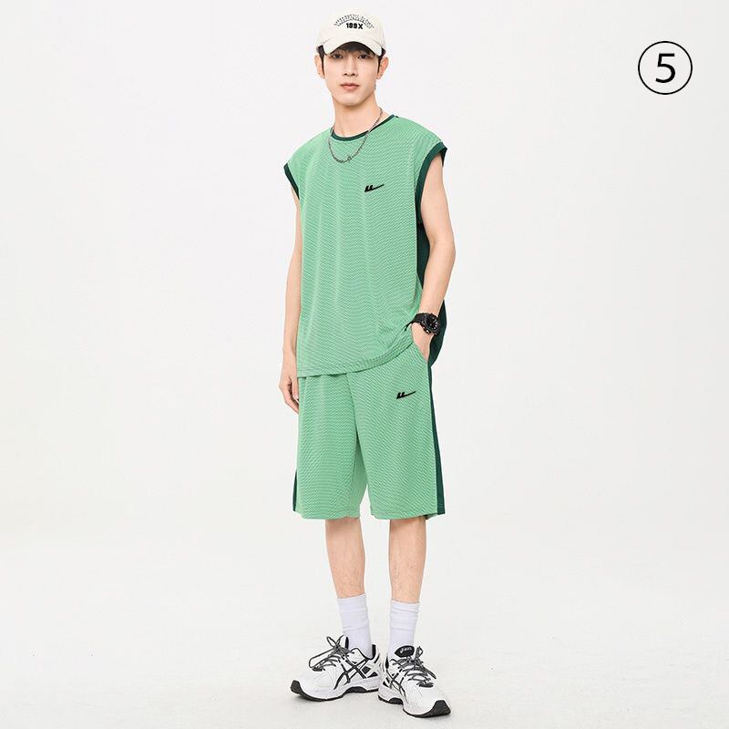 売り切れ必至 ファッション 超人気 男女兼用 ノースリーブＴシャツⅹパンツセット全5色<F-8754>