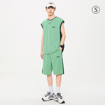 売り切れ必至 ファッション 超人気 男女兼用 ノースリーブＴシャツⅹパンツセット全5色<F-8754>