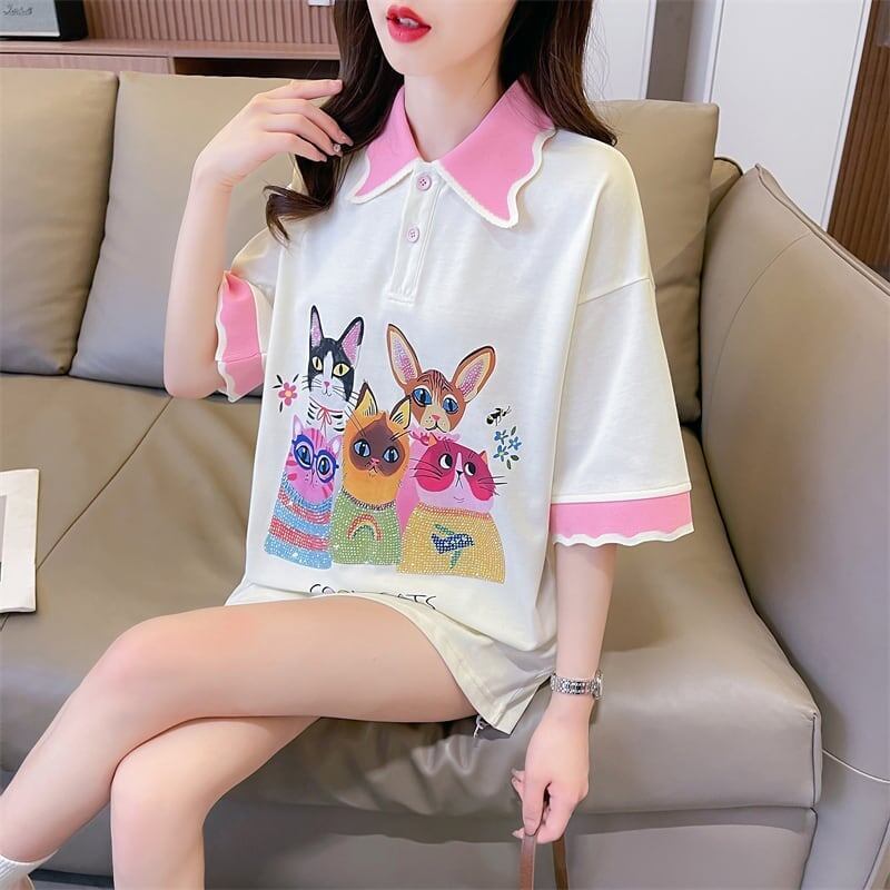 デザインセンスゆったりプリントトップラペルTシャツポロシャツ<F-2898>