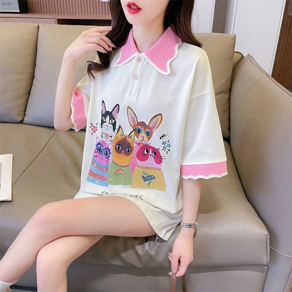 デザインセンスゆったりプリントトップラペルTシャツポロシャツ<F-2898>