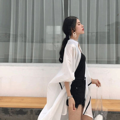 韓国系ゆったりUVカットロング丈薄手シャツ＜F-1714＞