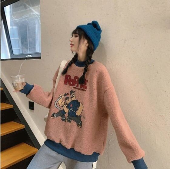 韓国系ふわふわグラフィックロゴボアスウェットトップス全2色F-4208