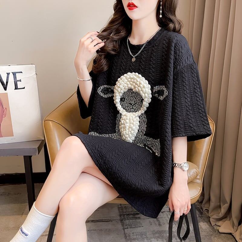高級立体ハンドビーズコットン半袖Tシャツ<F-2998>