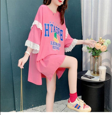 コットンレーストリム半袖Tシャツ<F-3028>
