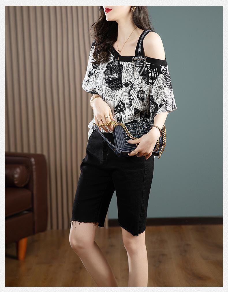 【半額！期間限定！！】絶対流行 特別デザイン 個性派 シフォン プリント 半袖Tシャツ＜F-8610＞