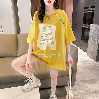 超人気商品 ロング アルファベット プリントTシャツ 三色 ゆったり半袖 ＜F-4019＞