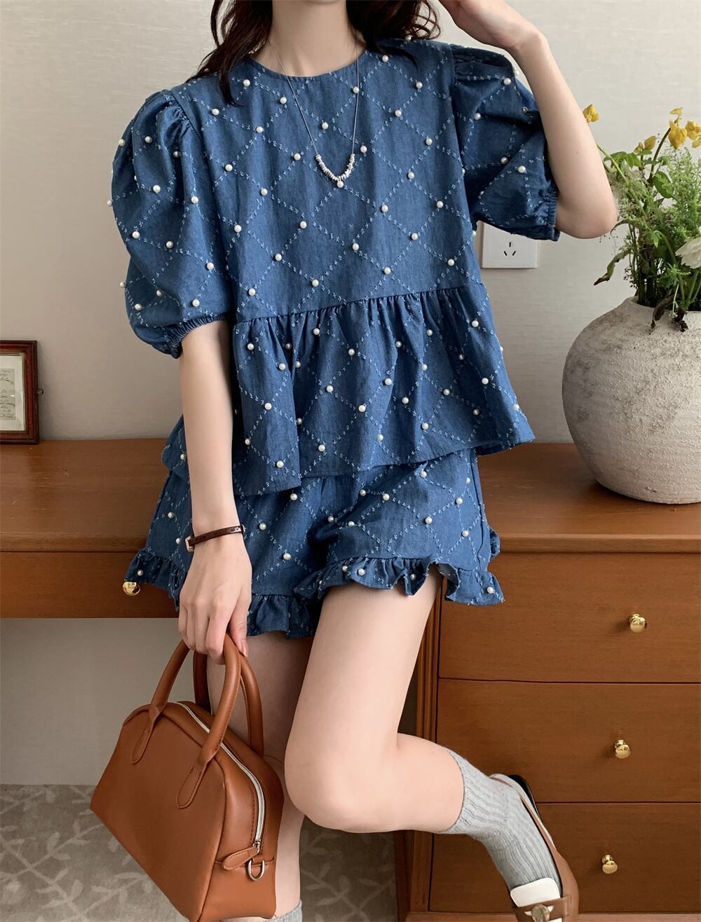 定番シンプル ファッション 個性派 デニム 半袖Ｔシャツⅹパンツセット<isf-11702>