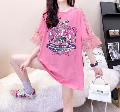 新作 プリントTシャツ ロング 半袖 ピンク＜F-2810＞