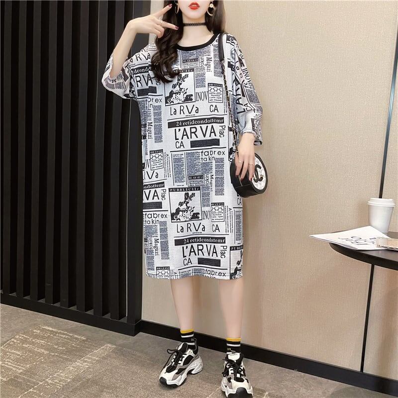 オシャレ度満点 プリント 一目惚れ 切り替え ワンピース Tシャツ カットソー＜F-3122＞
