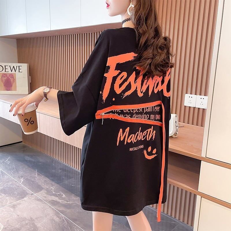 【人気商品再入荷！】   デザイン個性ゆったりミドル丈半袖Tシャツ<F-3036>