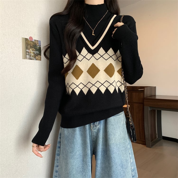 人気上昇中 レイヤード風 おしゃれ度高め 全2色 ニットトップスF-9583