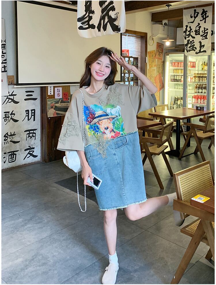 超人気 カジュアル ファッション デニム 切り替え プリント ワンピース＜F-8615＞