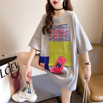 【半額！期間限定！！】ゆったりロング丈切り替え三色半袖Tシャツ＜F-1565＞