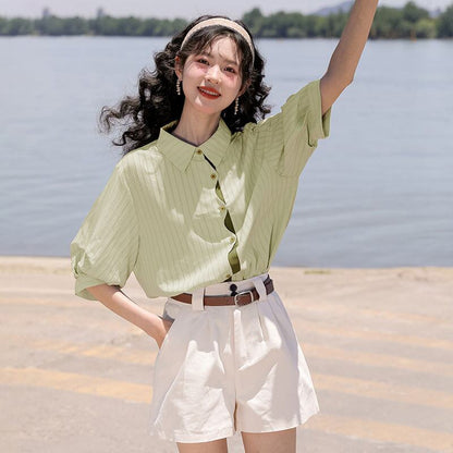 好感度UP 上質 美人度アップ 知的 ストライプ柄 3色選択 半袖シャツ＜F-9047＞