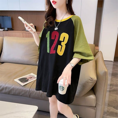 絶対欲しい カラーマッチング 数字刺? ロング Tシャツ ゆったり 半袖 ＜F-2896＞