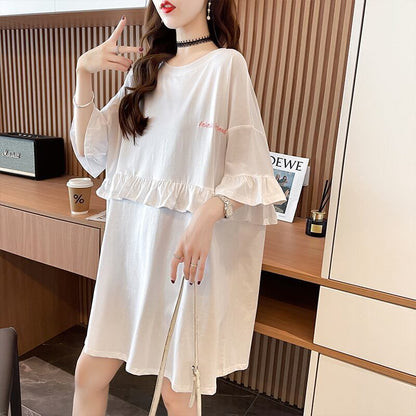 【半額！期間限定！！】合わせやすい 切り替え フリル プリント Tシャツ ゆったりワンピース＜F-3008＞