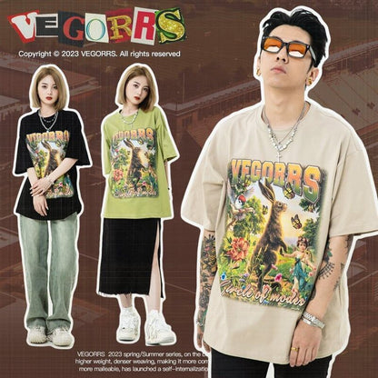 アメリカンレトロ絵画ウサギ半袖Tシャツカップル男女同スタイル<F-2910>