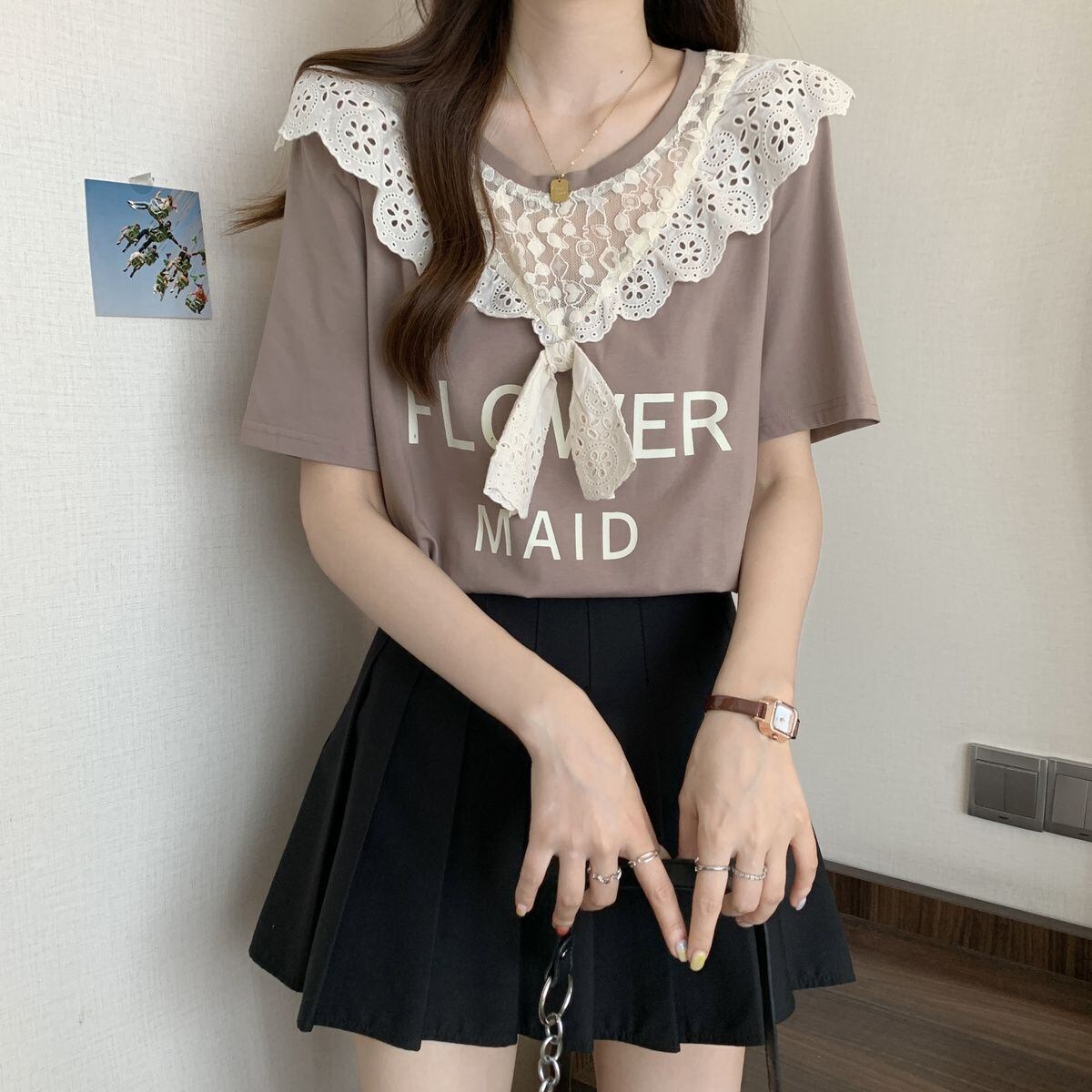 超人気 レース スウィート 切り替え プリント 3色選択 半袖Tシャツ＜F-8825＞