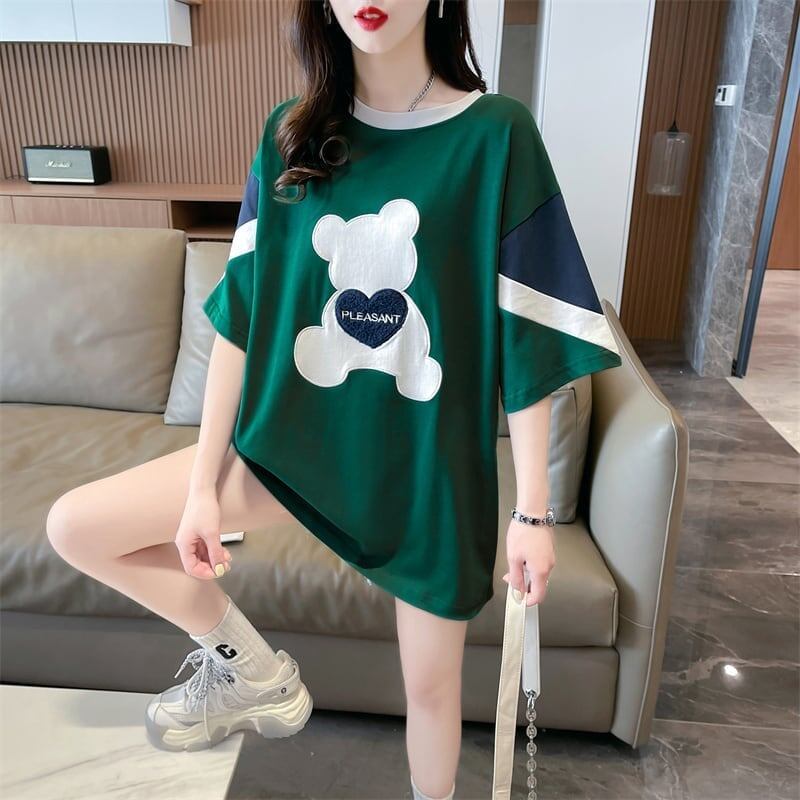 カジュアルルーズワッペン刺繍ステッチカラーブロック半袖Tシャツ<F-2870>