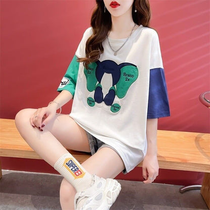 気質漫画カラーマッチング偽ツーピース半袖Tシャツ<F-2997>